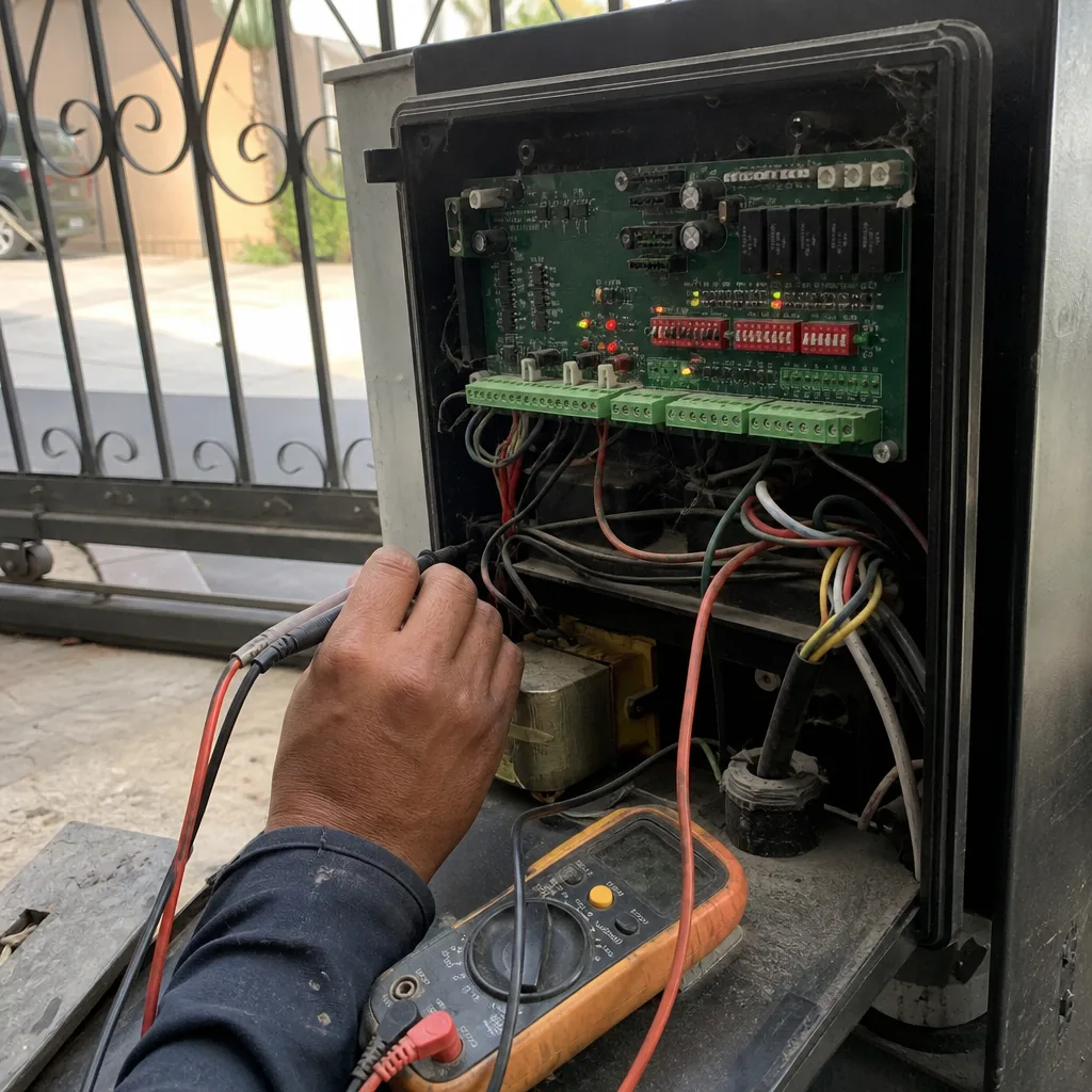 Technician using a multimeter to repair an automatic gate motor control board