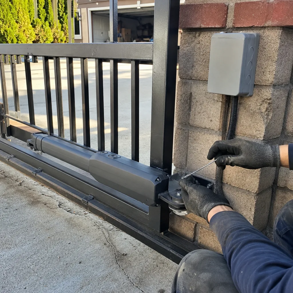 Technician performing automatic gate motor and opener repair and maintenance.
