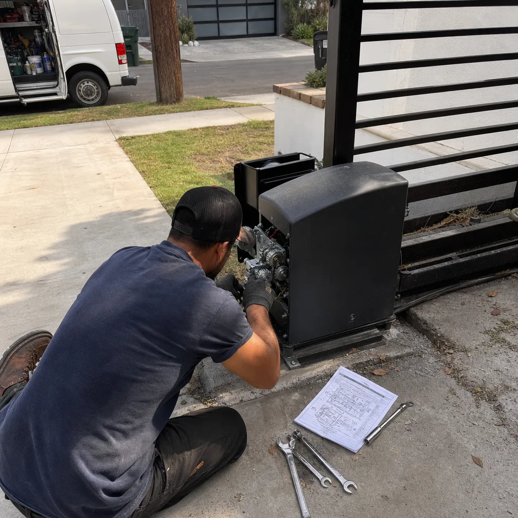 Technician repairing an automatic sliding gate motor with professional tools.