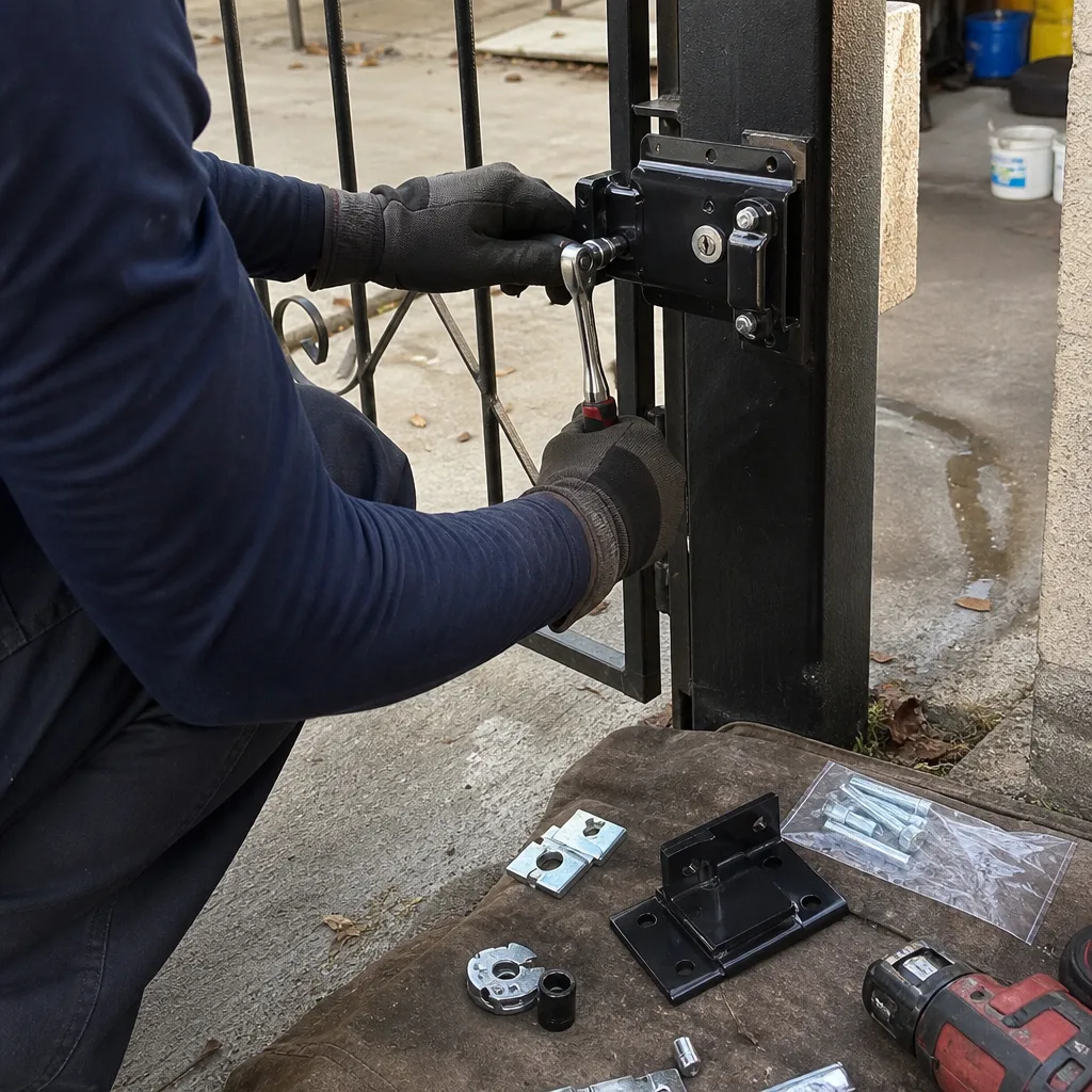 Technician using a socket wrench to repair a metal gate lock