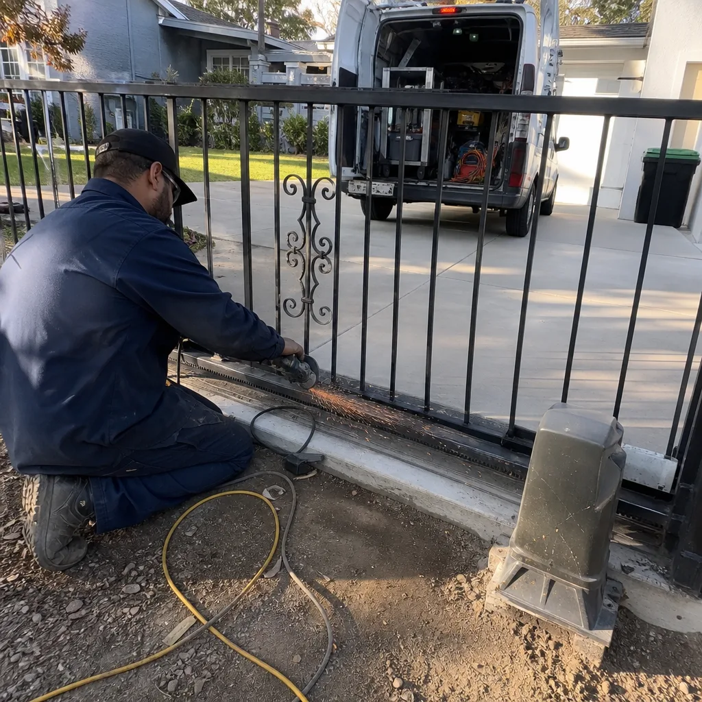 Technician performing professional gate repair using an angle grinder