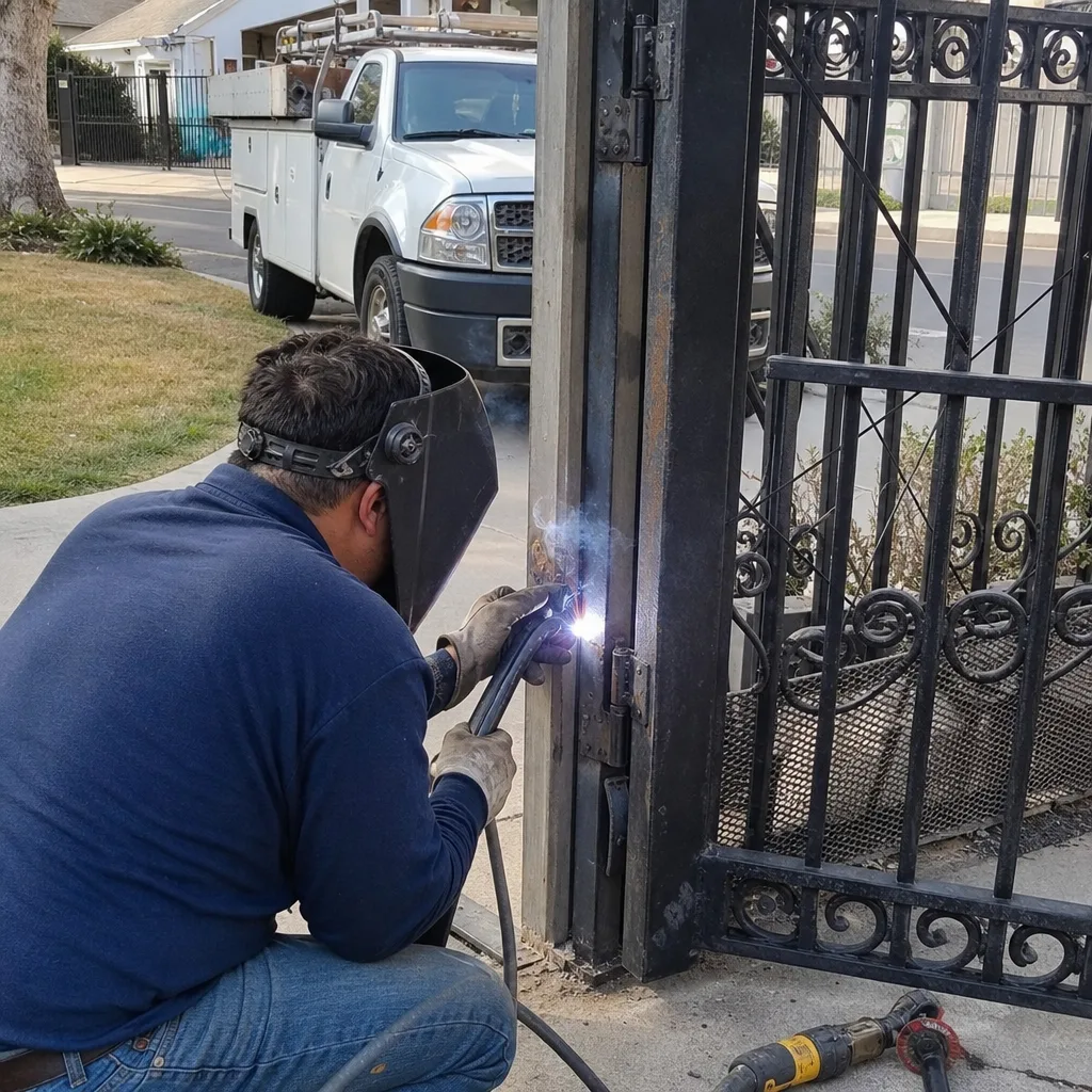 Professional welder performing metal gate repair and hinge restoration